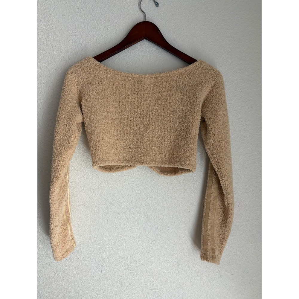 Adidas Originals Women Beige Teddy Fleece Ruched Cropped Long Sleeve Top Small - Picture 4 of 4